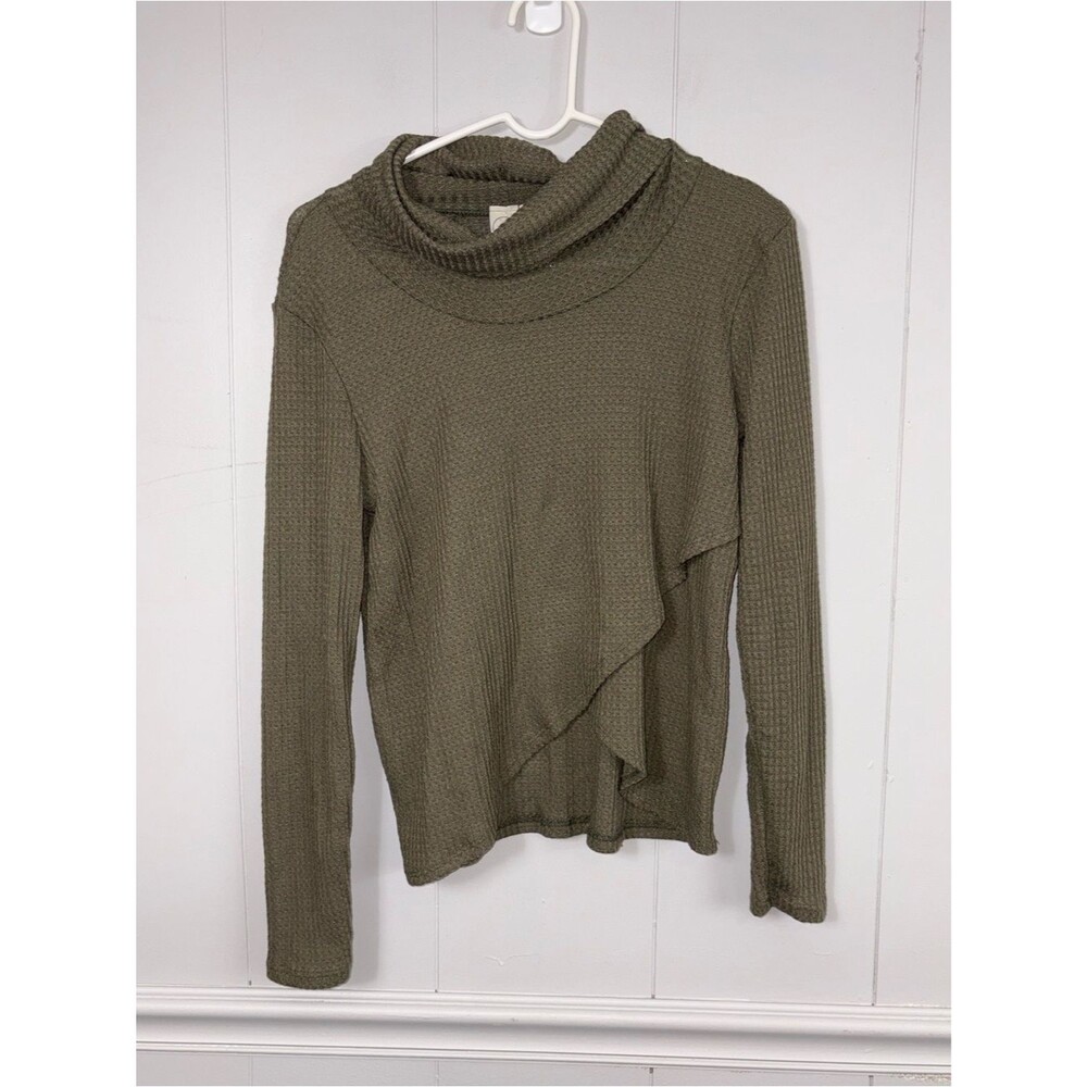 Anthropologie Paper Crane Waffle Knit Crossover Faux Wrap Funnel Neck Top Medium